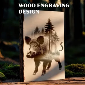 May include: Wood engraving design featuring a detailed illustration of a wild boar with a forest scene in the background. The text "WOOD ENGRAVING DESIGN" is at the top. The artwork is displayed on a wooden panel.