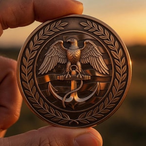 May include: Bronze-colored coin featuring a detailed relief of an eagle with outstretched wings perched above an anchor. The coin is encircled by a laurel wreath and includes a flag design in the background. The coin is held in a hand.