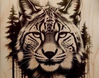 Majestic Lynx Forest Engraving Design PNG, Laser File for Metal Stone, Pine Trees Cat Portrait Digital Download