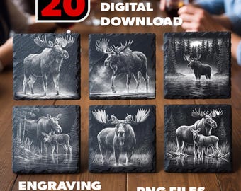 Paquete PNG de grabados en pizarra de lagos del norte, 20 diseños de vacas, alces y crías para Glowforge y xTool