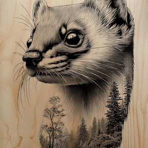 Puede incluir: Ilustración detallada en blanco y negro de la cabeza de una comadreja, sobre un fondo de vetas de madera. La obra de arte incorpora una escena de bosque dentro de la forma de la comadreja, creando un efecto visual único. El pelaje de la comadreja está meticulosamente representado.