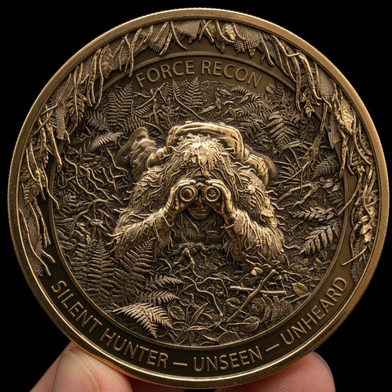 May include: A circular bronze-toned challenge coin featuring a relief design of a figure in a ghillie suit using binoculars amidst dense foliage. The text FORCE RECON is at the top, and SILENT HUNTER - UNSEEN - UNHEARD is at the bottom.