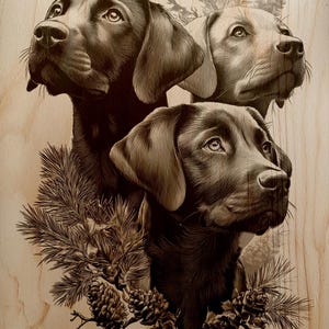 May include: A detailed wood-burned artwork featuring three Labrador Retrievers with focused expressions. The dogs are surrounded by pine branches and pine cones, all rendered in shades of brown against a light wood grain background.