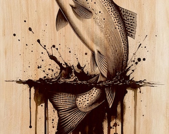 Incisione su legno di trota PNG | Disegno laser su legno | File per arte verticale da parete a tema pesca a mosca | Decorazione rustica per baita | Download immediato