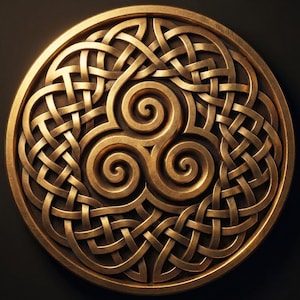 May include: A detailed, circular, bronze-colored Celtic knot design. The intricate pattern features interwoven lines and a central triskele symbol. The artwork is set against a dark background, highlighting the metallic texture and design.