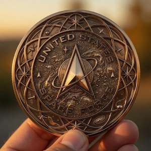 May include: A bronze-colored United States Space Force commemorative coin. The coin features the Space Force logo, the words "UNITED STATES SPACE FORCE", and intricate celestial designs. The coin is held in a hand, with a blurred background.