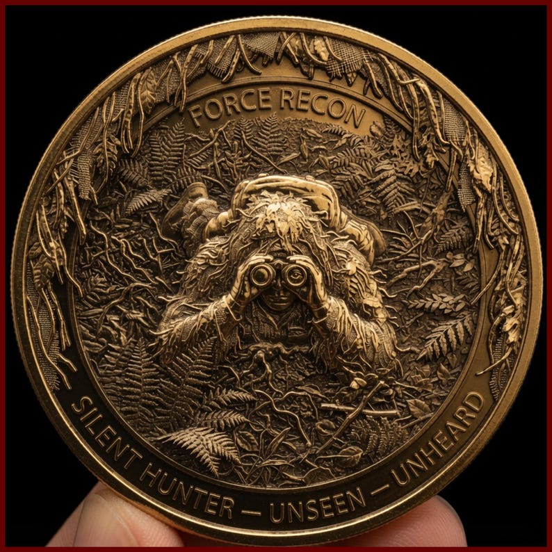 May include: A circular bronze-toned commemorative coin featuring a relief design of a figure in a ghillie suit using binoculars amidst foliage. The text FORCE RECON is at the top, and SILENT HUNTER - UNSEEN - UNHEARD is inscribed along the bottom edge.