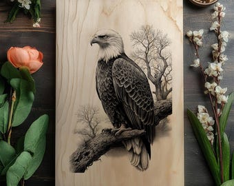 Majestuoso águila calva posada en una rama. Diseño de grabado láser. Plantilla de arte patriótico de vida silvestre.