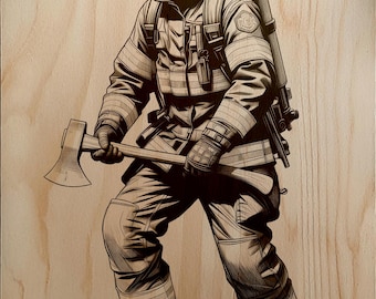 Fireman Holding Ax Engraving PNG, Laser File for Metal Stone Slate Wood, Firefighter Uniform Helmet Portrait Digital Download