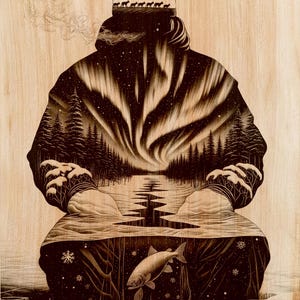 Puede incluir: Una obra de arte quemada en madera que representa una persona silueteada contra un paisaje invernal. La silueta contiene una escena de la aurora boreal, un lago helado y un pez. La persona lleva un gorro con una luna y una fila de lobos.
