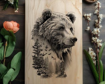Grabado de oso con doble exposición PNG | Archivo láser de paisaje forestal | Grabado de madera de oso grizzly