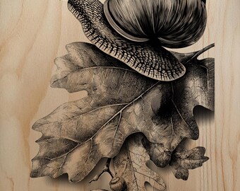 Caracol natural sobre hoja de roble PNG de alta resolución para decoración profesional de grabado láser en madera