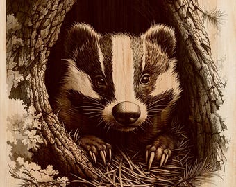 Badger Wood Engraving PNG | Laser Wood Art Design | Woodland Vertical Wall Art File | Rustic Cabin Decor | Instant Download