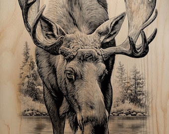 May include: A detailed woodcut-style illustration of a moose drinking from a lake. The moose, with large antlers, is depicted in shades of brown and black. The background shows a forest and the water's reflection.