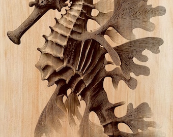 Leafy Sea Dragon Wood Engraving PNG | Laser Wood Art Design | Seahorse Vertical Wall Art File | Coastal Ocean Decor | Instant Download