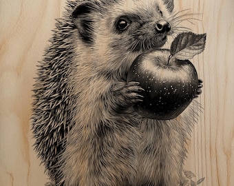 Erizo del bosque sosteniendo una manzana (PNG) con gran detalle para grabado láser en madera.