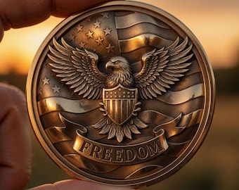 Freedom Eagle Shield Patriotic Depth Map Coin, American Banner PNG, 3D Relief File for xTool Lightburn Glowforge CNC Wood Brass