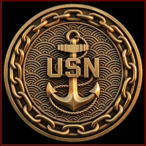 May include: A detailed, bronze-colored medallion featuring a central anchor design with the letters "USN". The anchor is surrounded by a rope and wave pattern, encircled by a chain border. The background is black.