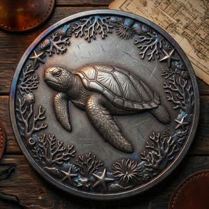 May include: A detailed, circular metal relief featuring a sea turtle surrounded by coral and starfish. The turtle is the focal point, with intricate detailing on its shell and flippers. The relief has a weathered, antique appearance, with a dark, metallic finish.