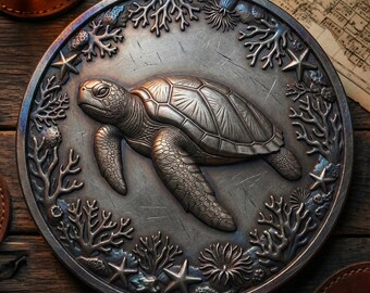 3D Depth Map Sea Turtle Coin Design | Laser Engraving PNG Grayscale | Marine Life Relief for Fiber Laser | Ocean Medallion Digital File