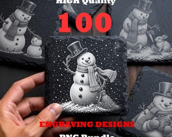 100 archivos PNG navideños para posavasos de pizarra, paquete de grabado láser de muñecos de nieve, madera y adornos, Glowforge xTool LightBurn, descarga instantánea.