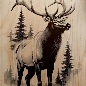 May include: A detailed woodcut-style illustration of a majestic elk with large antlers, set against a backdrop of silhouetted pine trees. The artwork is rendered in black and white, showcasing the elk's form and the forest scene.