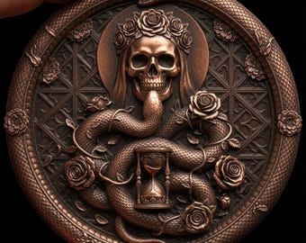 Veiled Death Skull Roses Serpent Coin Depth Map | Memento Mori Gothic 3D Engraving PNG | Hourglass Heightmap | xTool LightBurn Wood