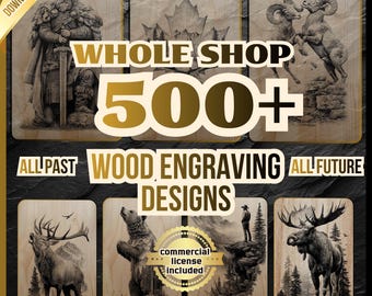 Paquete completo de más de 500 diseños para grabado en madera | Archivos PNG para láser CNC, LightBurn, Wildlife, Viking, futuras actualizaciones, licencia comercial
