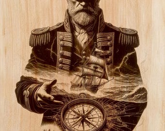 Sea Captain Wood Engraving PNG | Laser Wood Art Design | Nautical Vertical Wall Art File | Maritime Coastal Decor | Instant Download