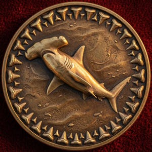 May include: A circular bronze-toned medallion featuring a relief of a hammerhead shark in the center. The shark is surrounded by a border of repeating shark tooth shapes. The background of the medallion has a textured, uneven surface finish.