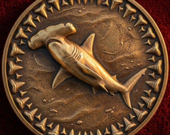 Hammerhead Shark Coin Depth Map | Shark Teeth Border Ocean 3D Engraving PNG | Marine Predator Heightmap | xTool LightBurn Wood Coin