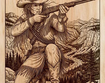 Incisione su legno PNG di una cowgirl tiratrice | Design per arte laser su legno | File per arte murale verticale western | Decorazione rustica per baita | Download immediato