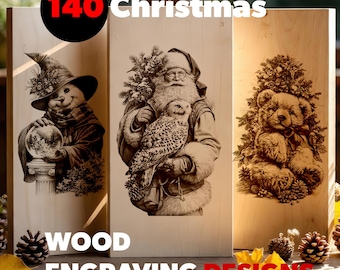 Christmas Wood Engraving Bundle, 140 Laser PNG Designs, Santa Snowman Teddy Bear Art for Glowforge xTool, Digital Download