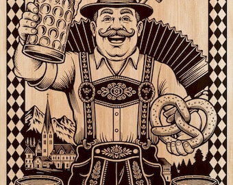 Oktoberfest PNG, hombre bávaro alemán, jarra de cerveza, pretzel, archivo de grabado láser, lederhosen, acordeón, diseño de Oktoberfest, grabado en madera