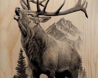Grabado PNG de alce bramando | Archivo láser de cornamenta enorme | Arte de pirograbado de ciervo de montaña | Raster de alta resolución para Glowforge