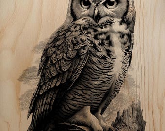 Perched Owl Engraving PNG | High-Detail Feathers Laser File | Majestic Hoot Owl Wood Burn Art | Glowforge xTool Raster Ready