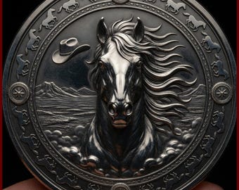 May include: A circular silver-toned coin featuring a high-relief horse head in the centre with a flowing mane. A cowboy hat is positioned to the left. The border displays a repeating pattern of small horses and star-like circular emblems.