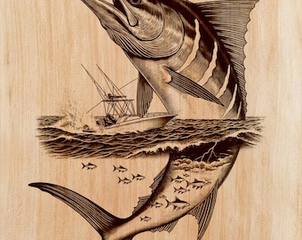 Marlin Wood Engraving PNG | Laser Wood Art Design | Deep Sea Fishing Vertical Wall Art File | Coastal Decor | Instant Download