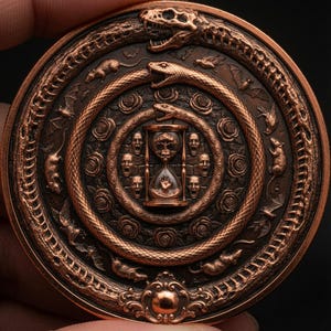 Könnte beinhalten: Eine kreisförmige kupferfarbene Medaille mit komplexen Reliefschnitzereien. Das Design umfasst einen äußeren Ring aus Skelettschlangen, einen mittleren Ring aus lebenden Schlangen und Rosen sowie eine zentrale Sanduhr mit Baum, Totenkopf und Hand.