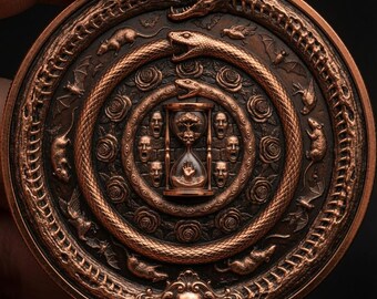 Infernal Ouroboros Hourglass Coin Depth Map | Gothic Damnation Skeletal Serpent 3D PNG | Memento Mori Heightmap | xTool LightBurn Wood