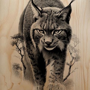 May include: A monochrome illustration of a lynx, depicted walking towards the viewer, set against a light wood grain backdrop. The lynx features detailed fur and tufted ears, with stylized trees on either side.