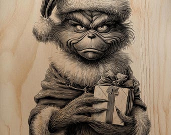 Imagen PNG detallada del Grinch navideño con regalo para grabado láser en madera, decoración de pared navideña profesional.