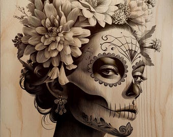 Day of the Dead Floral Skull Lady Engraving Design, Laser File for Wood Slate Metal, Sugar Skull Woman Portrait Digital Download