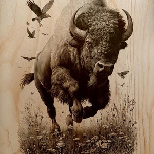 May include: A detailed wood-burned image of a bison running through a field of wildflowers and tall grass. Several birds are flying in the background. The artwork is rendered in shades of brown and black, creating a rustic, natural aesthetic.