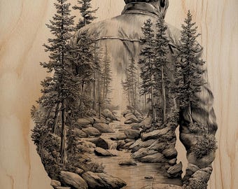 Modello di arte western con incisione laser di paesaggio forestale a doppia esposizione della silhouette di un cowboy