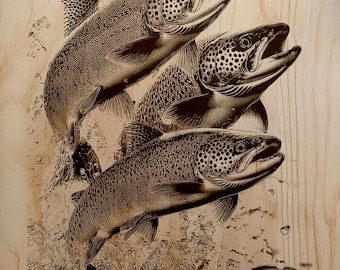 Trucha grabada en madera PNG | Diseño de arte láser en madera | Arte mural vertical de pesca | Decoración rústica de cabaña