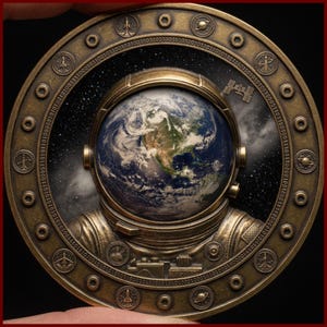 Könnte beinhalten: Eine kreisförmige, bronzefarbene Medaille mit einem Astronautenhelm, durch dessen Visier die Erde zu sehen ist. Der äußere Rand zeigt Binärcode, kleine Symbole zum Thema Weltraum und bolzenartige Akzente vor einem dunklen, sternenklaren Hintergrund.