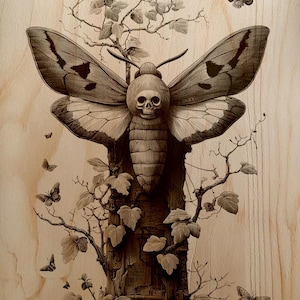 May include: A sepia-toned illustration featuring a moth with a skull-shaped head and spread wings, set on a tree trunk. The artwork includes butterflies and foliage, creating a gothic and nature-inspired theme.