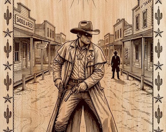 Incisione su legno "Sheriff Showdown" PNG | Design per arte laser su legno | File per arte murale verticale western | Decorazione rustica da saloon | Download immediato