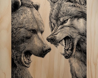 Oso salvaje contra lobo en enfrentamiento, PNG de alto detalle para decoración de pared con grabado láser en madera profesional